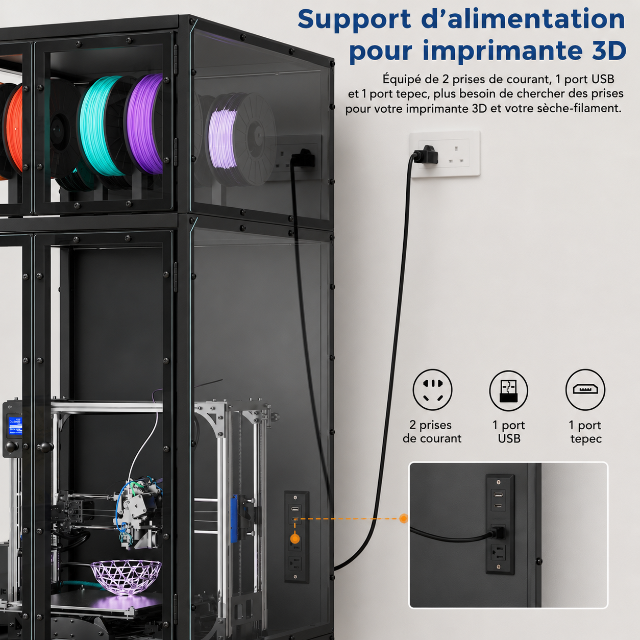 Armoire pour Imprimante 3D – Rangement Double Niveau, Anti-Poussière & Support à Filaments