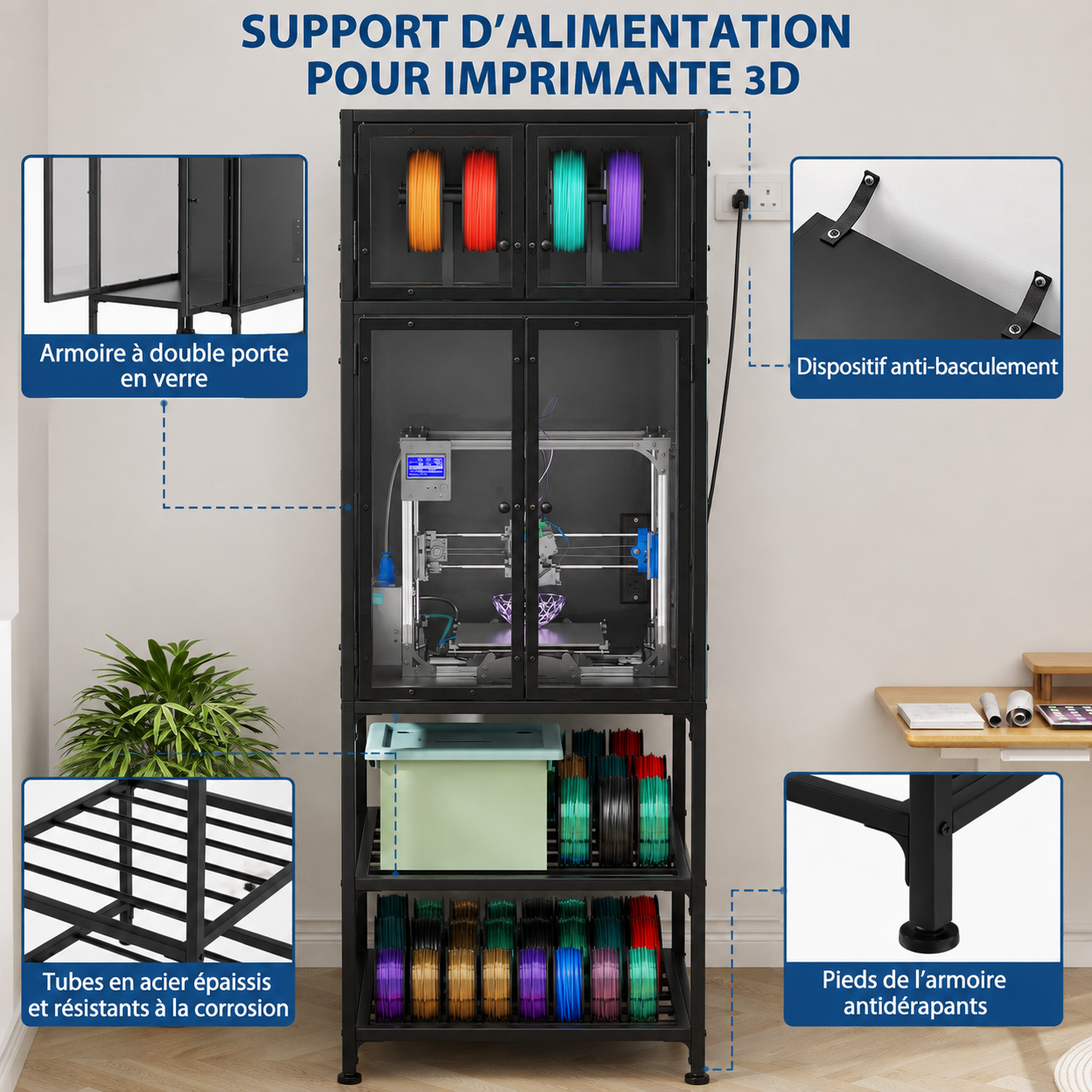 Armoire pour Imprimante 3D – Rangement Double Niveau, Anti-Poussière & Support à Filaments
